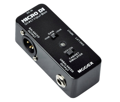 Pédale MICRO DI, boite de direct, sorties symétrique et asymétrique, switch gain, boîtier métal, true bypass, noir