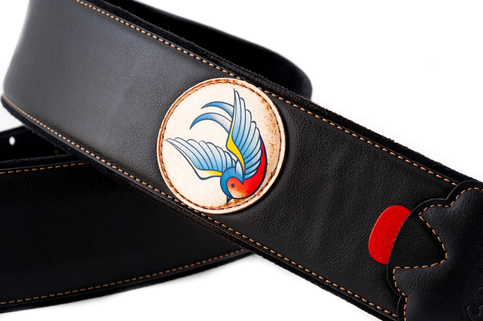 Courroie modèle TATOO SWALLOW, extérieur synthétique, largeur 7 cm, longueur 98 à 153 cm, porte-médiators intégré, noir