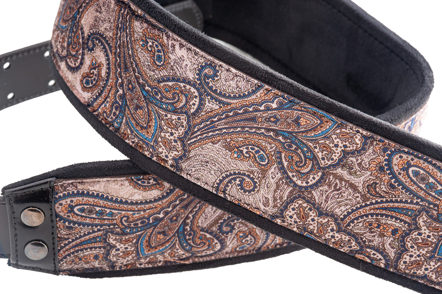 Courroie modèle J-PAISLEY, extérieur velours, largeur 7 cm, longueur 95 à 150 cm, porte-médiators intégré, brun