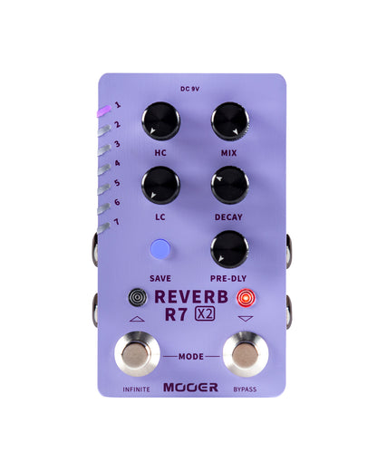 Pédale R7 REVERB X2, 14 types de réverbs numériques personnalisables, 14 presets utilisateurs, boîtier métal, violet