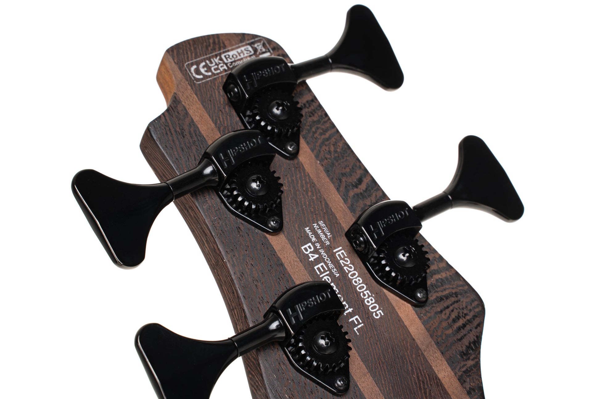 B4 Element FL, fretless, corps acajou, table frêne, touche érable torréfié, micros & préampli Bartolini MK-1, noir pores ouverts