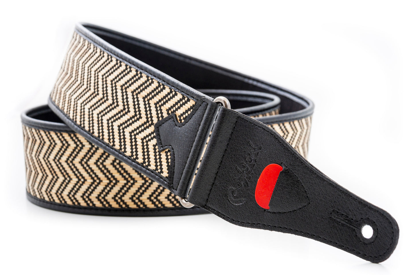 Courroie modèle VICTORIA, fibre naturelle, largeur 6 cm, longueur 95 à 150 cm, porte-médiators intégré, beige et noir
