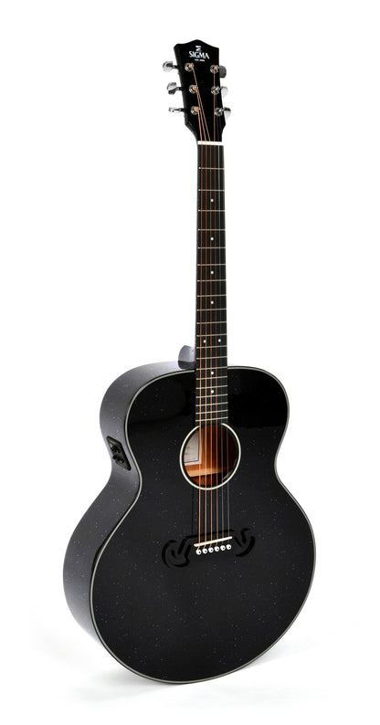 Modèle GJM-1E, Grand Jumbo, table épicéa massif, f/e acajou, touche micarta, EQ Fishman, noir pailleté