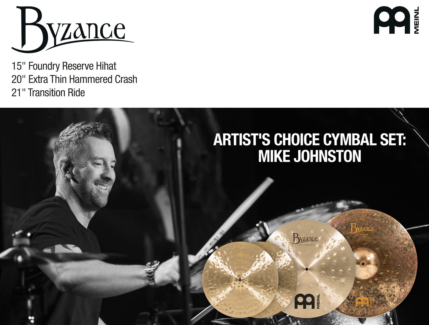 Pack de cymbale Mike Johnston Meinl Byzance Artist's Choice 15"20"21" alliage bronze B20 Traditional, Raw