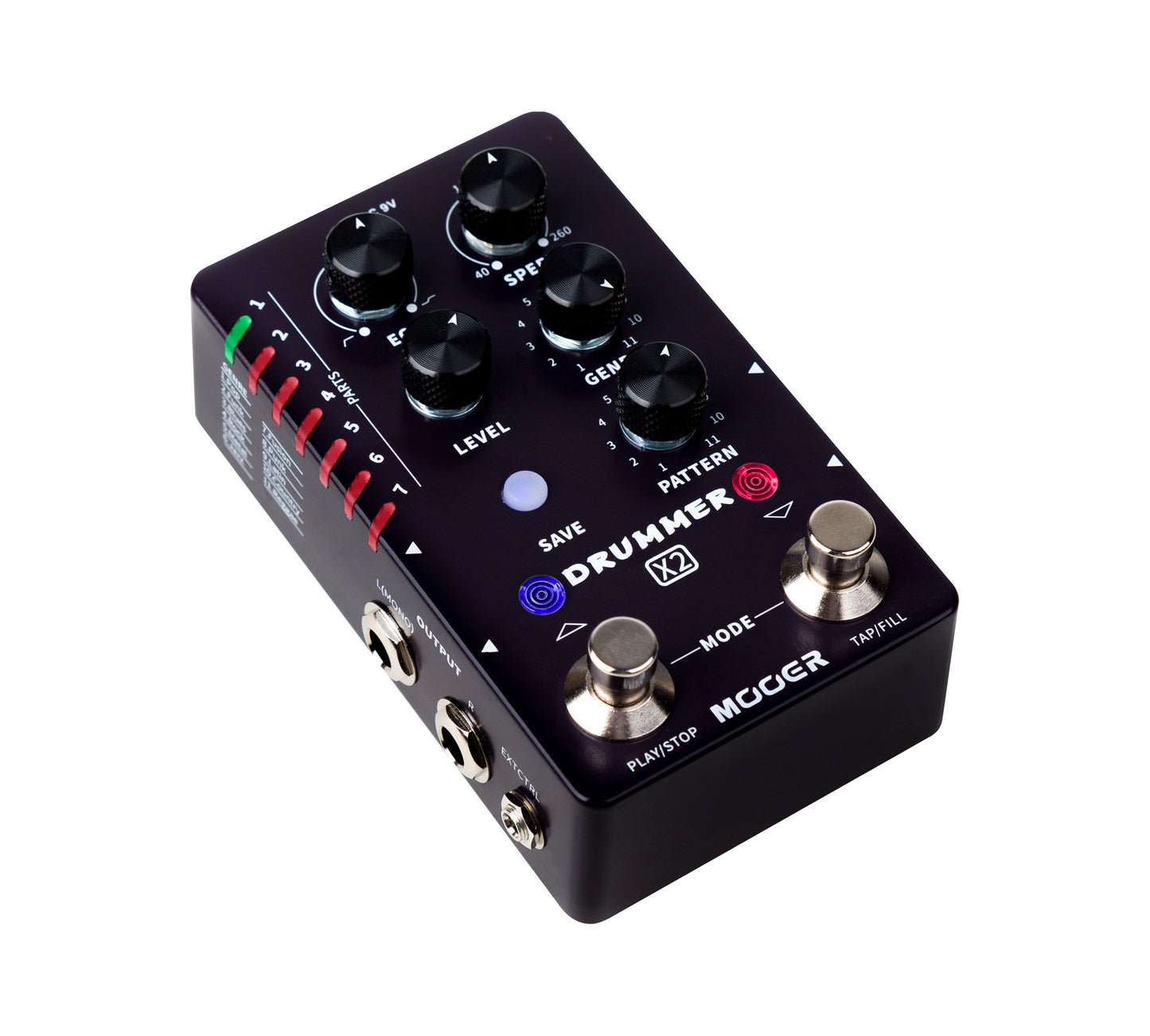 Pédale DRUMMER X2, boite à rythmes stéréo, 11 styles avec 11 grooves différents pour chacun, 7 presets utilisateurs, noir