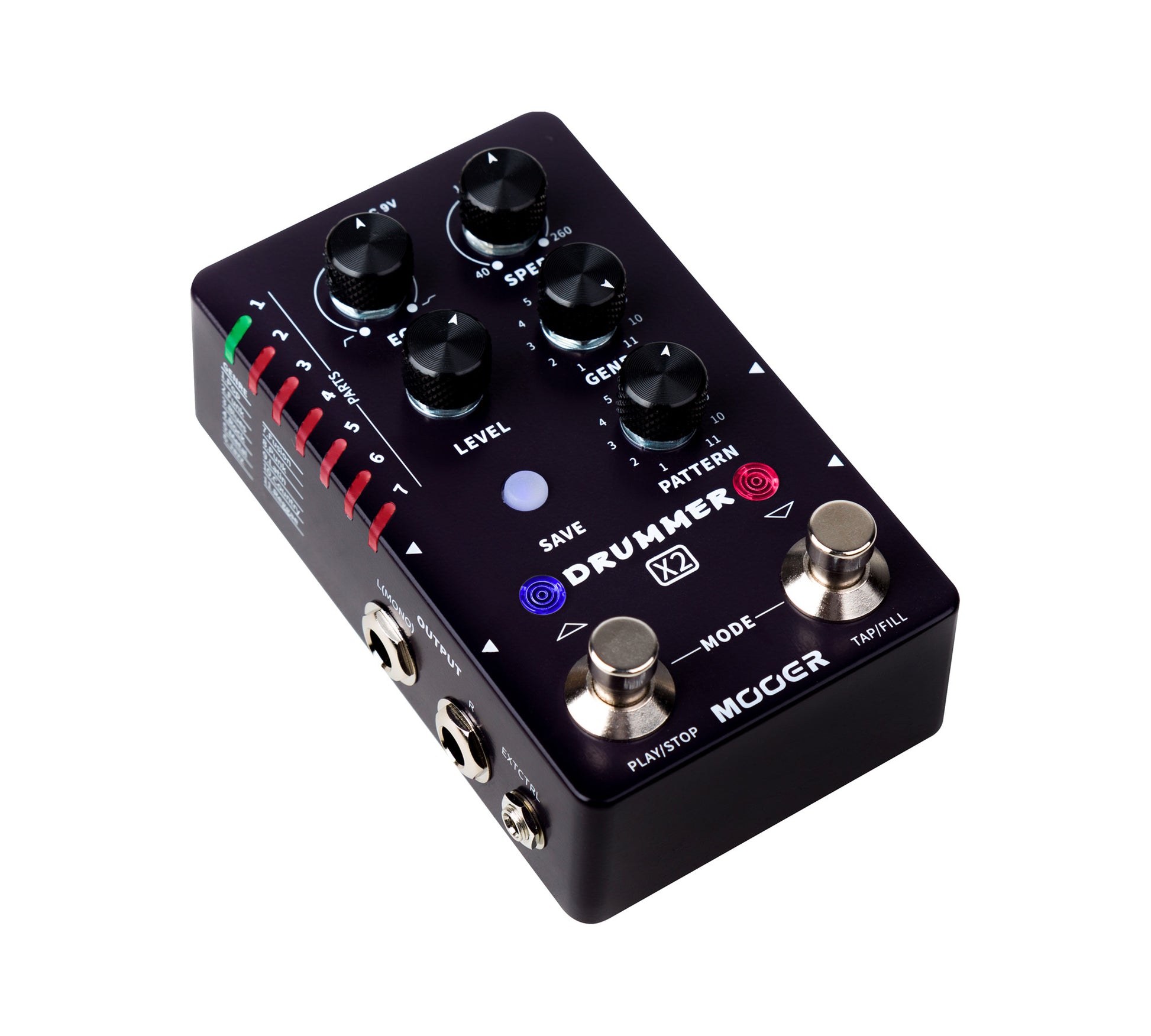 Pédale DRUMMER X2, boite à rythmes stéréo, 11 styles avec 11 grooves différents pour chacun, 7 presets utilisateurs, noir