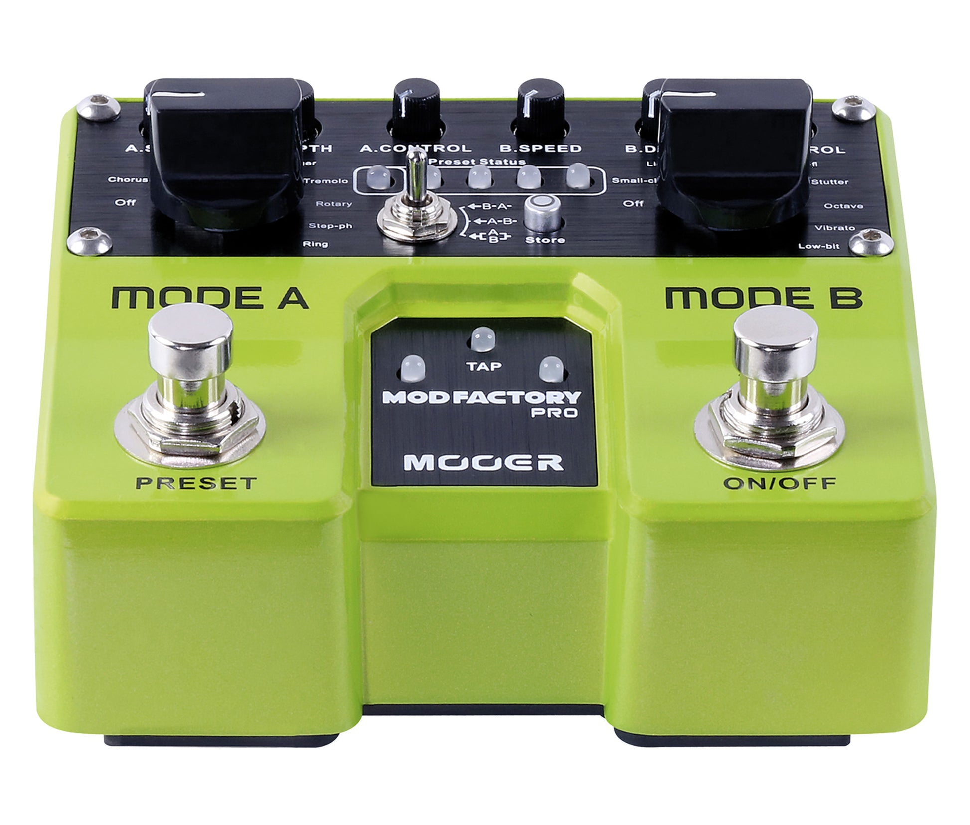 Pédale MOD FACTORY PRO, 2 modules de modulations indépendants (Modes A et B), 16 effets de modulations, vert