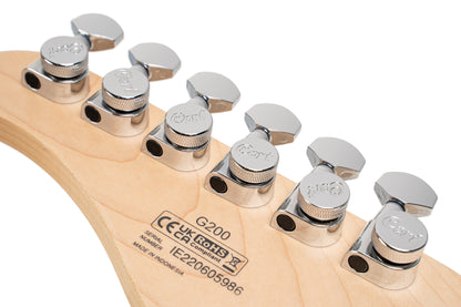 G200, corps peuplier, manche érable, touche jatoba , 2 micros simples et 1 double Powersound, plaque blanche, bleu ciel