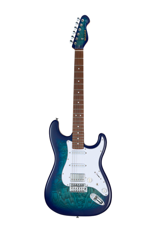 MOOER MSC20PRO, corps peuplier, manche érable torréfié satiné, touche jatoba, bleu, avec housse