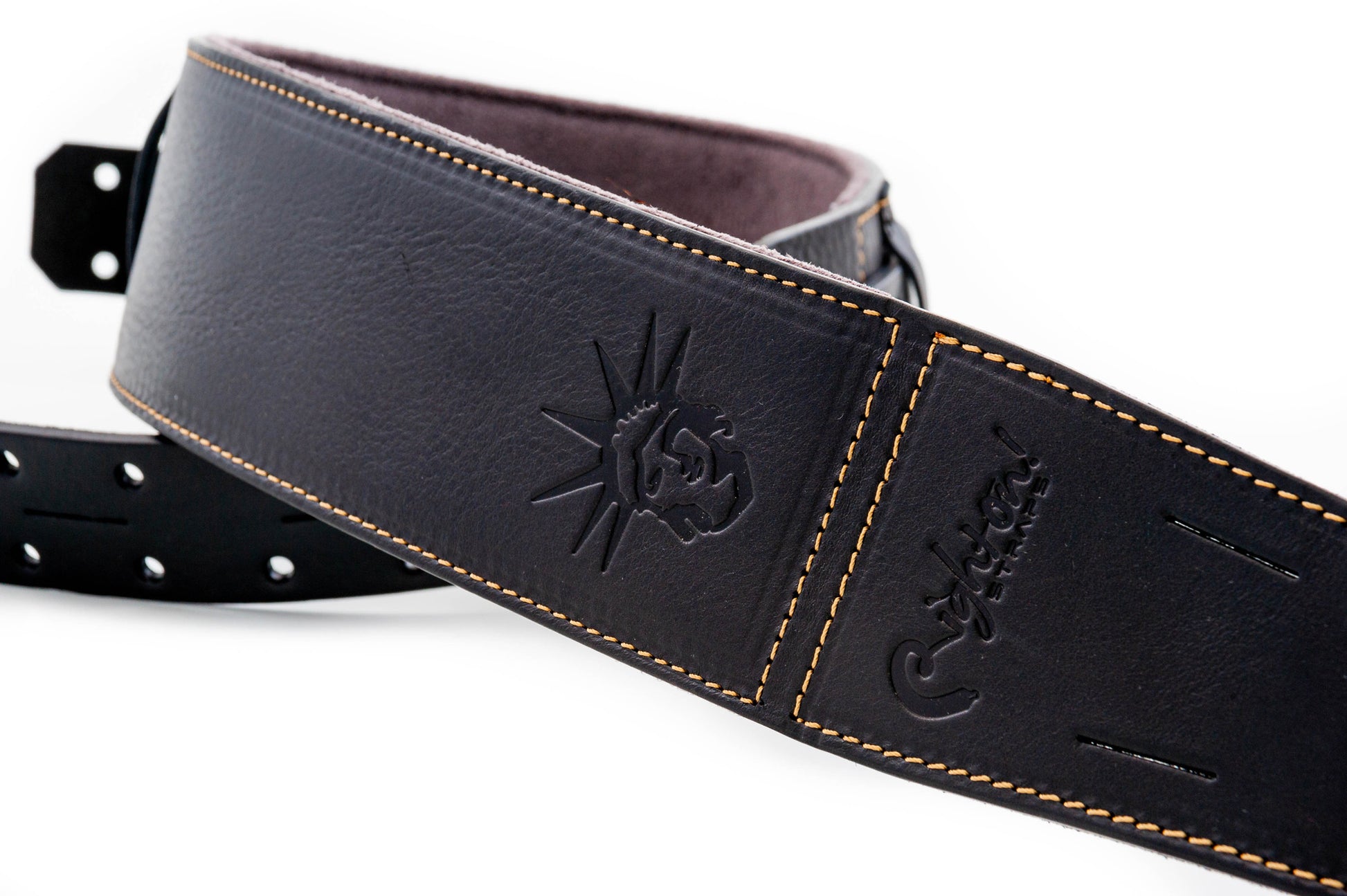 Courroie modèle BACKBEAT LIBERTY, extérieur cuir, largeur 6 cm, longueur 95 à 150 cm, porte-médiators intégré, noir