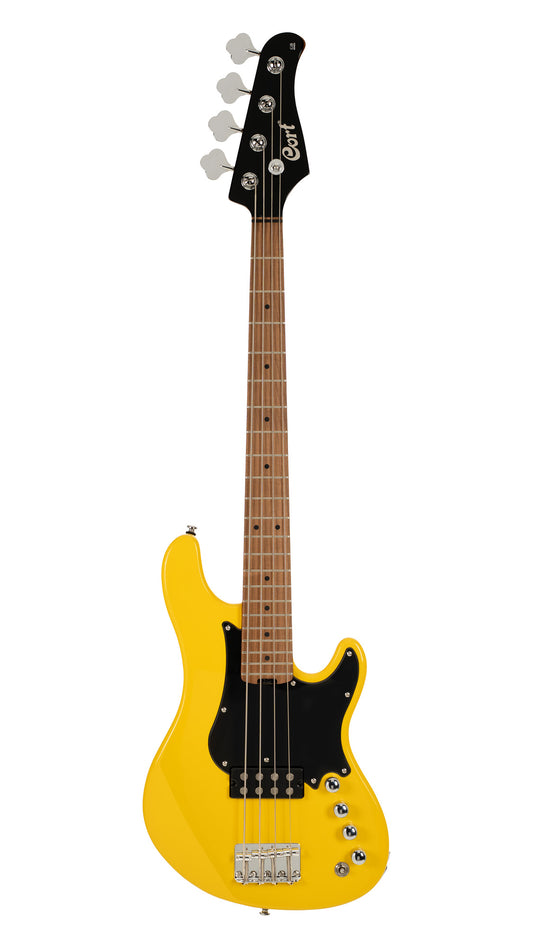 GB-SC4, basse short scale 4 cordes, corps peuplier, humbucker Cort Powersound, préampli Markbass MB-1, yellow crush