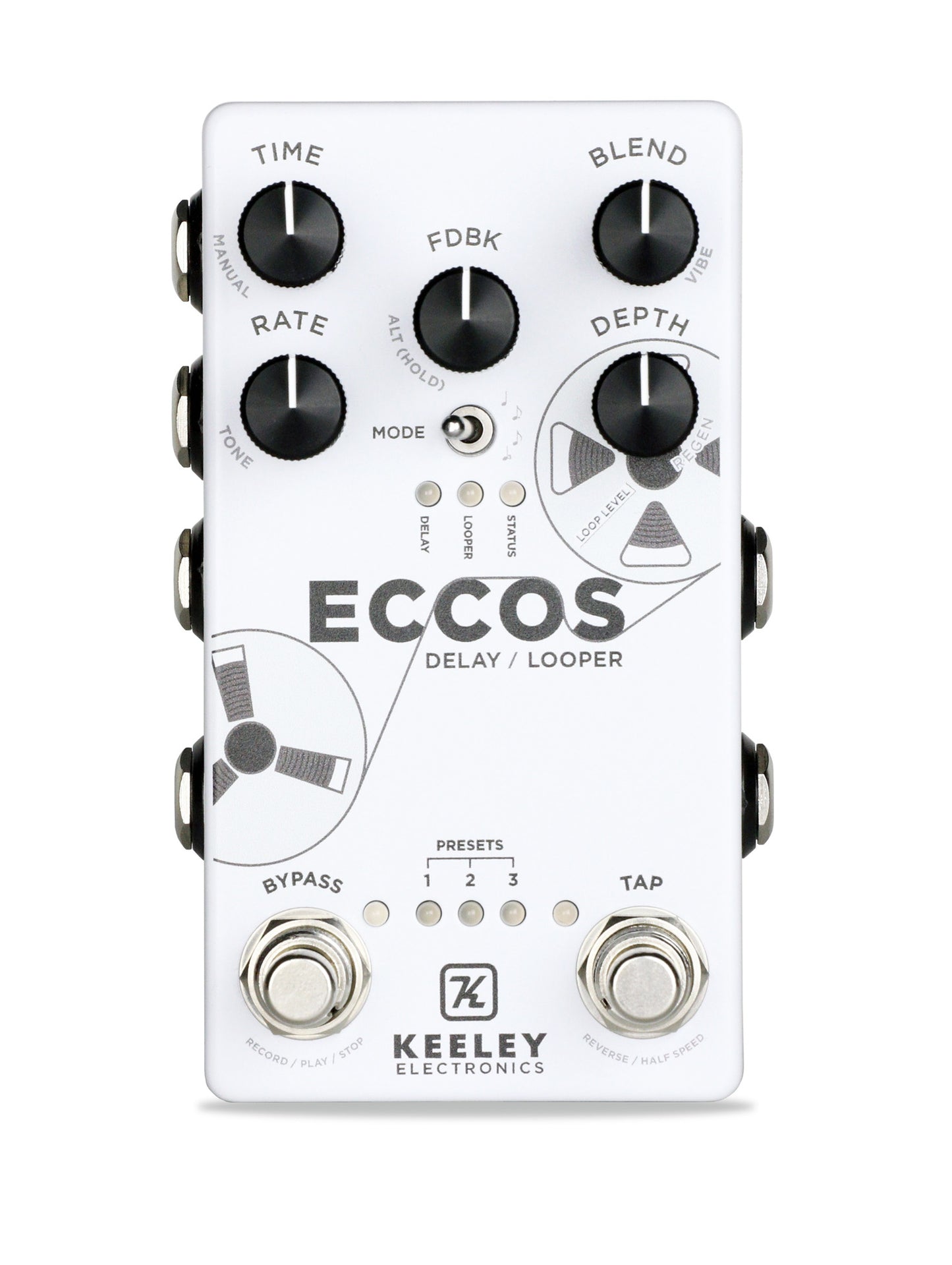Pédale ECCOS, délai vintage et looper stéréo, 3 presets, tap tempo, entrée pour pédale d'expression, boitier métal, blanc