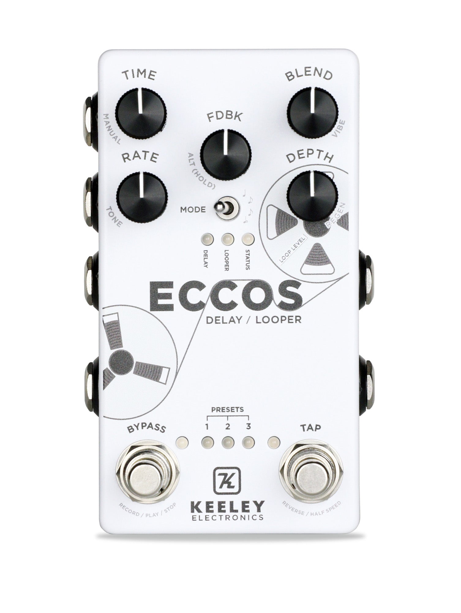 Pédale ECCOS, délai vintage et looper stéréo, 3 presets, tap tempo, entrée pour pédale d'expression, boitier métal, blanc