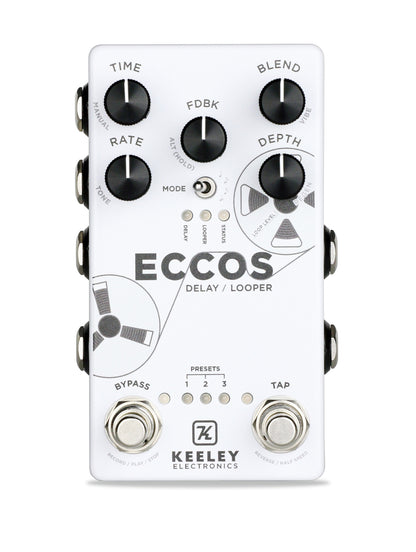 Pédale ECCOS, délai vintage et looper stéréo, 3 presets, tap tempo, entrée pour pédale d'expression, boitier métal, blanc