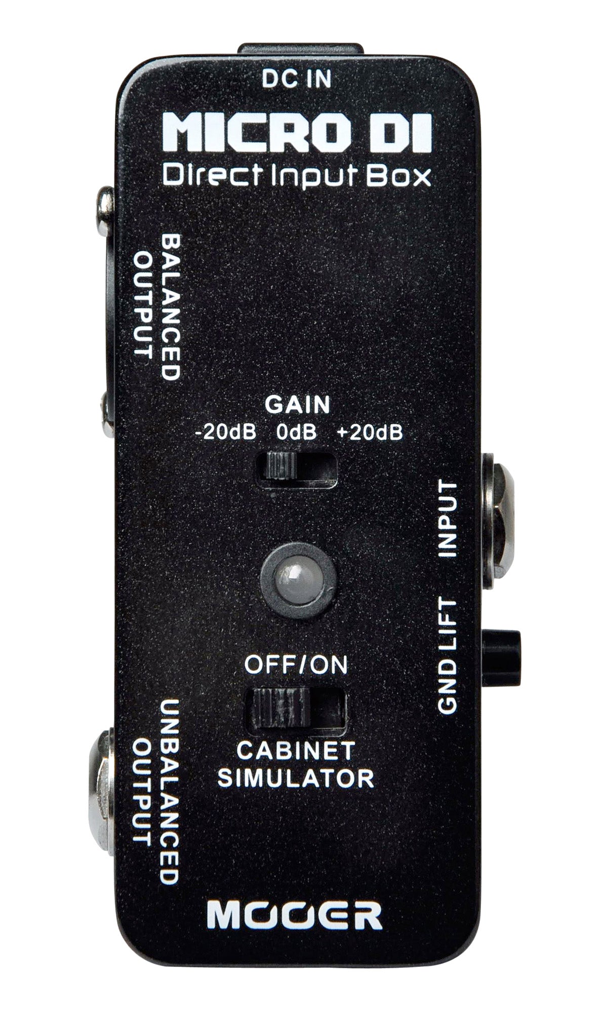 Pédale MICRO DI, boite de direct, sorties symétrique et asymétrique, switch gain, boîtier métal, true bypass, noir