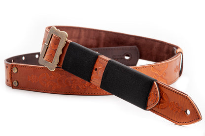 Courroie modèle LEGEND BM BOHEMIAN, cuir haute qualité, largeur 4 cm, longueur 60 à 163 cm, porte bottleneck intégré, woody