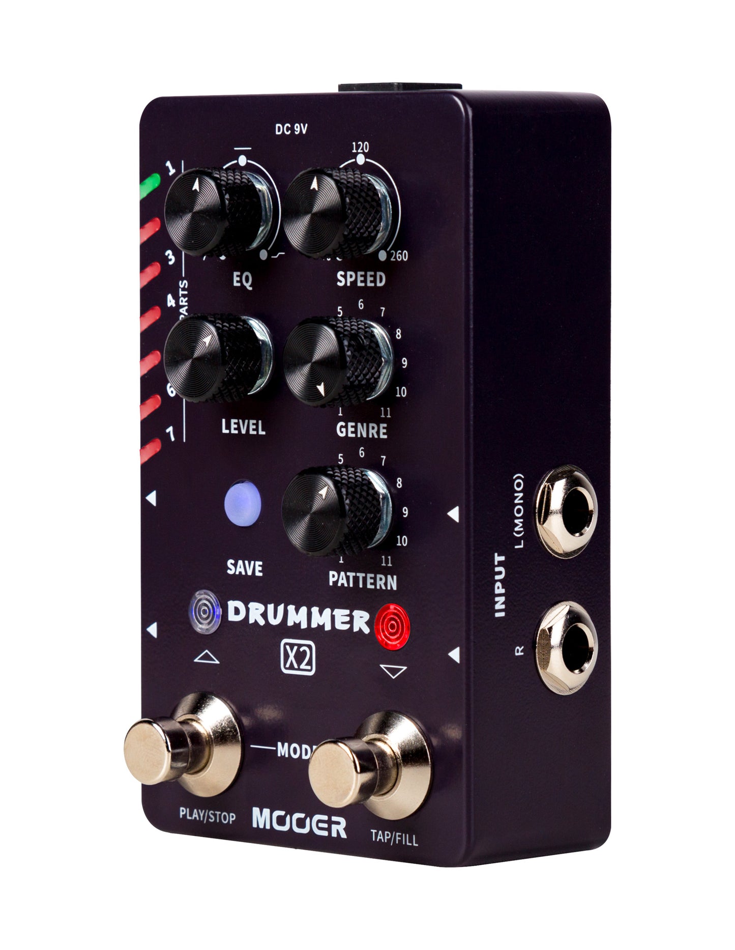 Pédale DRUMMER X2, boite à rythmes stéréo, 11 styles avec 11 grooves différents pour chacun, 7 presets utilisateurs, noir