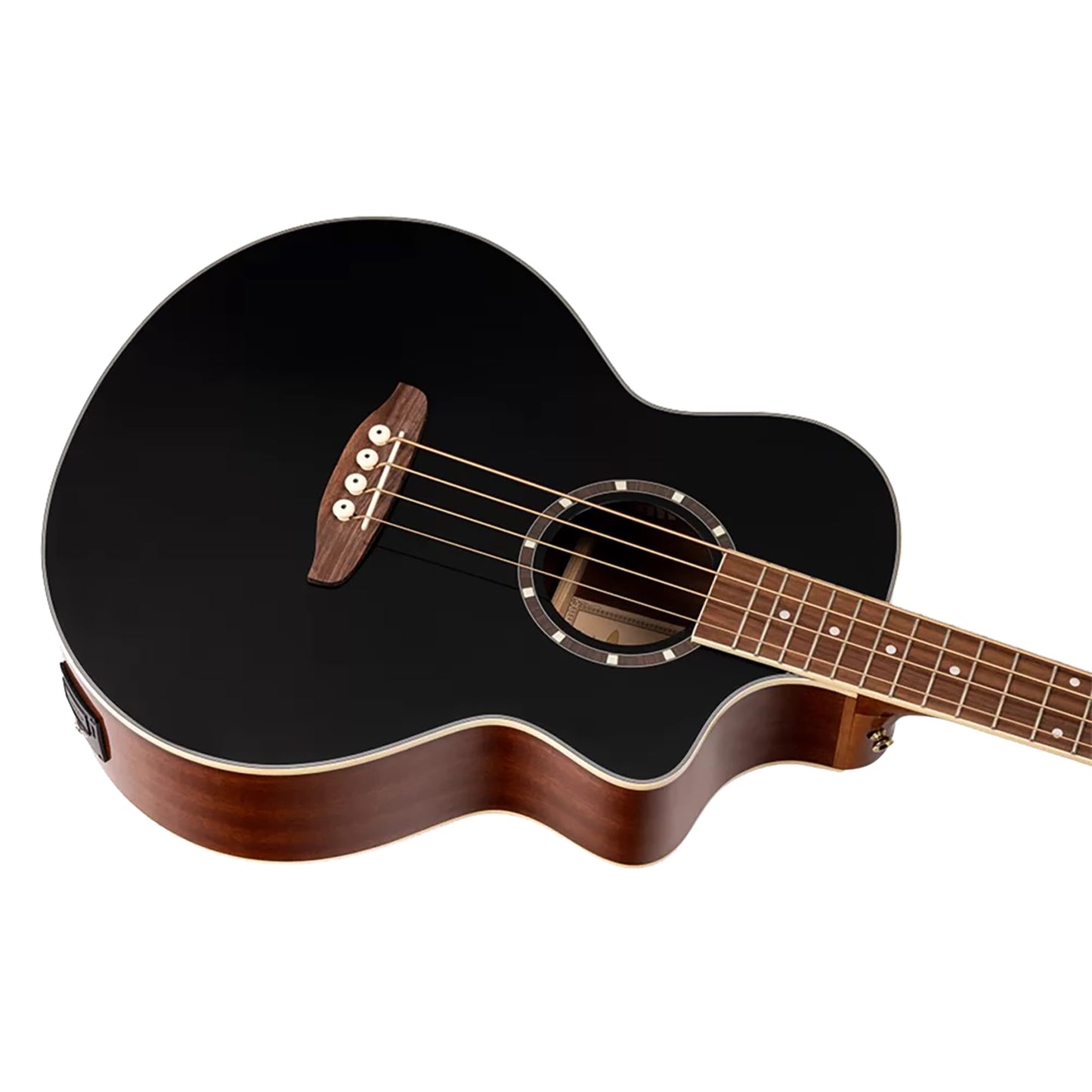 D8CE-4, basse 4 cordes, pan coupé, EQ Ortega MagusPro, table épicéa, f/e acajou, manche acajou, noir brillant