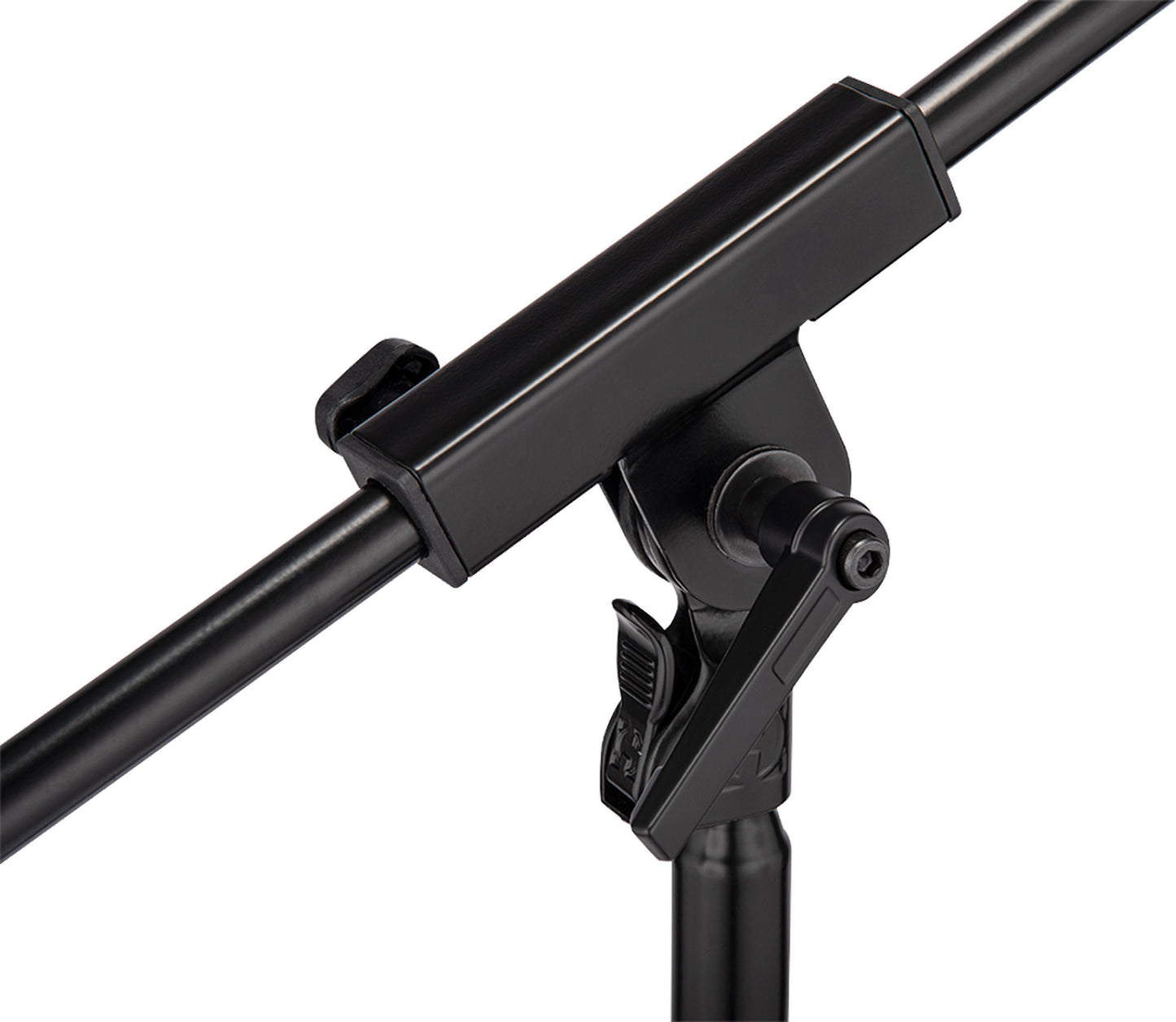 Support bas avec perche télescopique courte 2 parties, idéal pour batterie ou ampli, levier Power Lock, système Quik-N-EZ