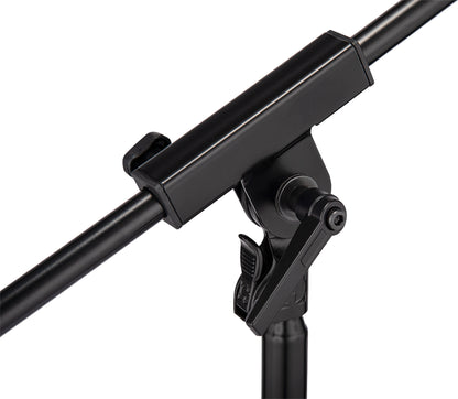 Support bas avec perche télescopique courte 2 parties, idéal pour batterie ou ampli, levier Power Lock, système Quik-N-EZ