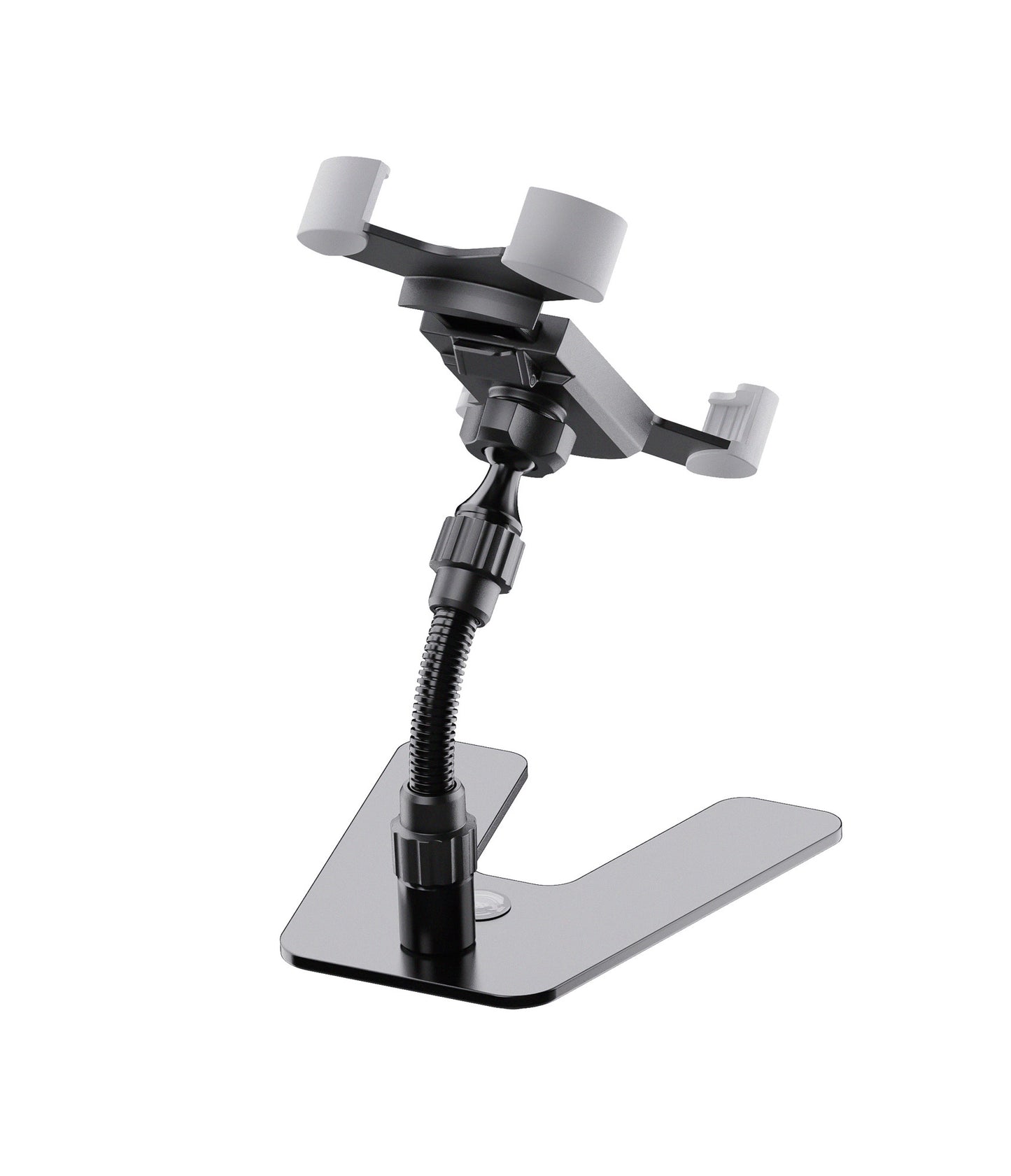 Support tablette de table design, acier et plastique, bras de maintien flexible, noir.