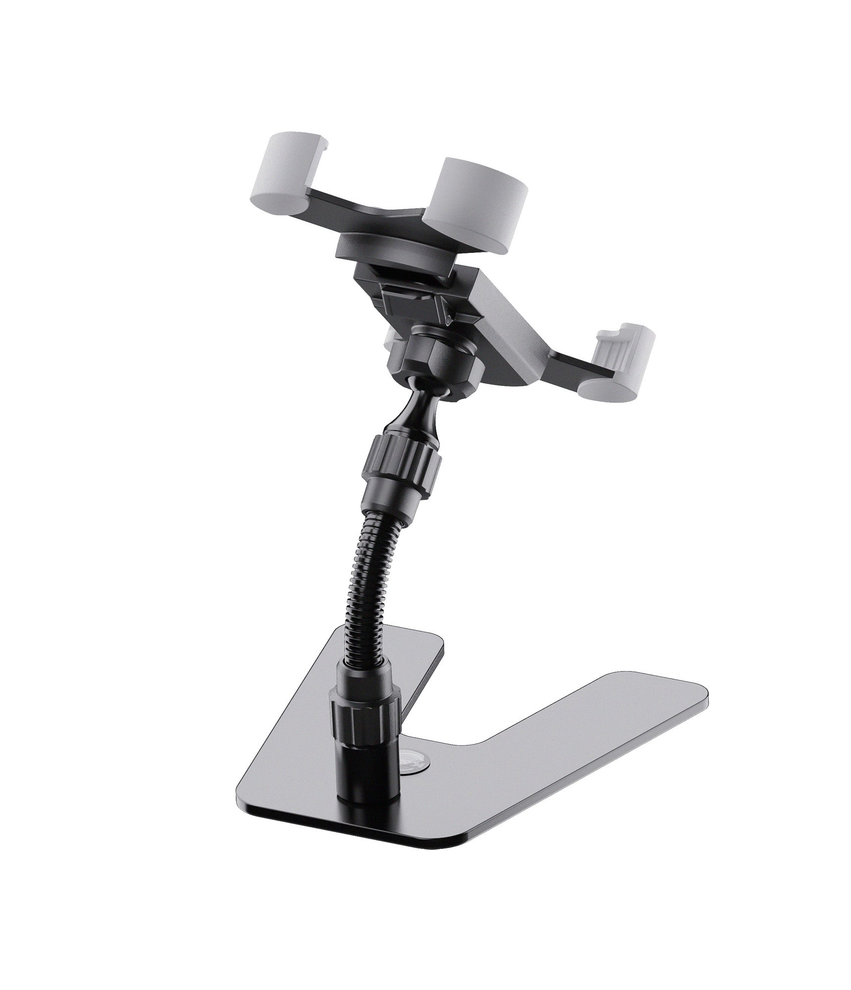 Support tablette de table design, acier et plastique, bras de maintien flexible, noir.