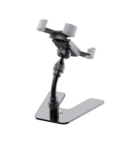 Support tablette de table design, acier et plastique, bras de maintien flexible, noir.