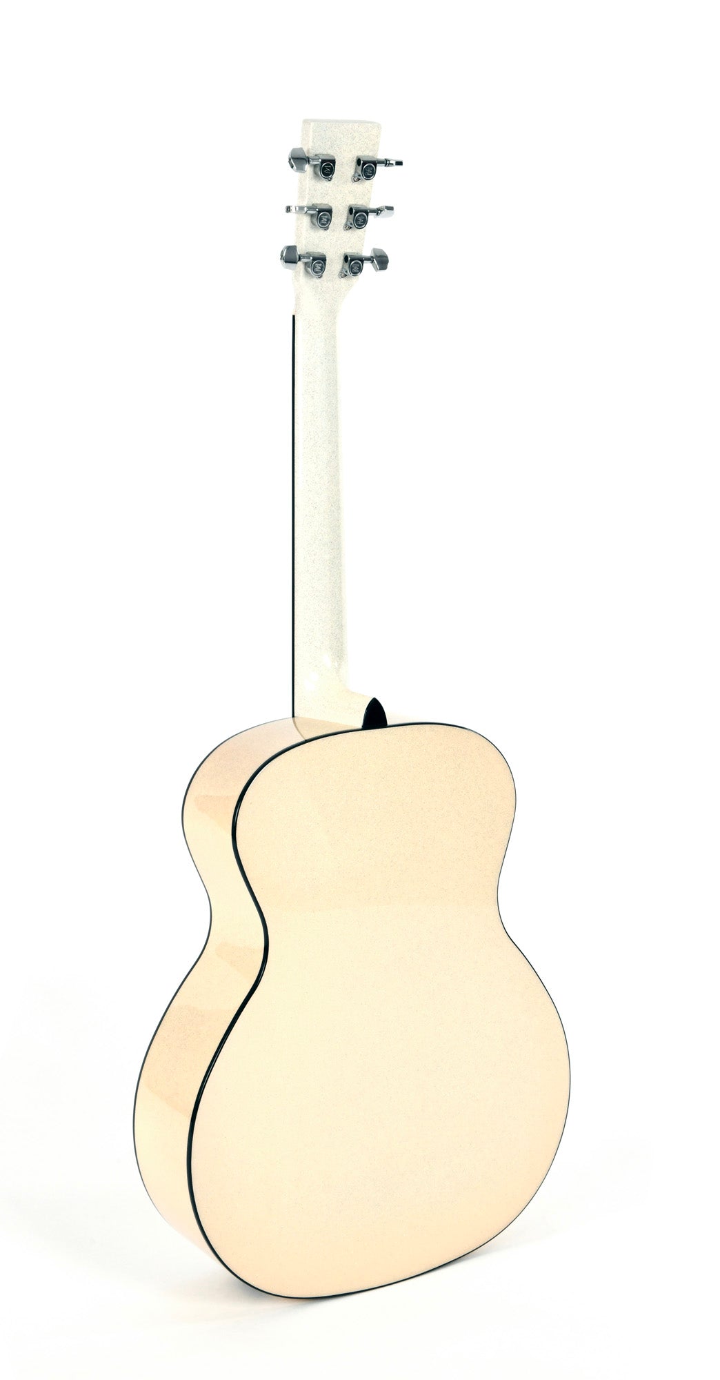 Modèle GM-1E, Grand OM, table épicéa massif, f/e acajou, touche micarta, EQ Fishman, blanc pailleté