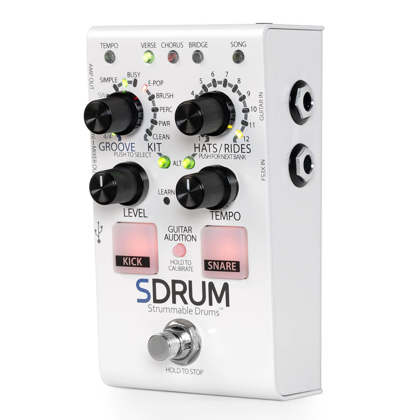 Pédale SDRUM, boîte à rythmes intelligente pour guitaristes et bassistes, 5 kits de batteries différents, blanc