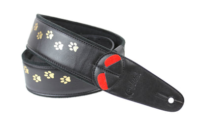 Courroie modèle CAT, extérieur synthétique, largeur 6 cm, longueur 100 à 145 cm, porte-médiators intégré, noir et doré