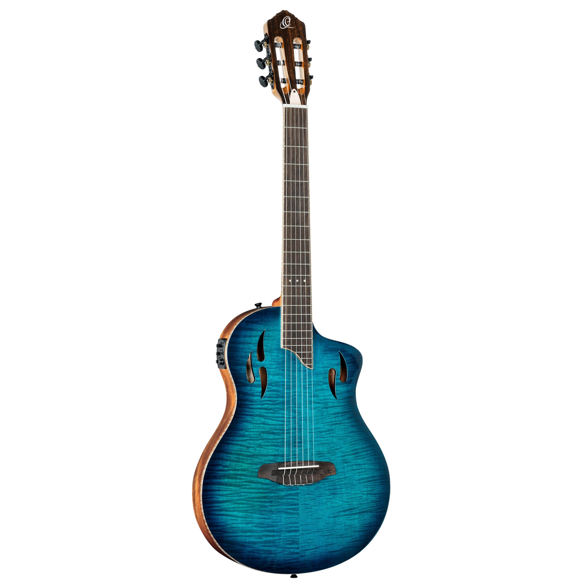 RTPDLX-FMA, modèle TourPlayer, EQ Magus X, corps okoumé, table érable flammé, sillet 48 mm, housse, bleu dégradé brillant