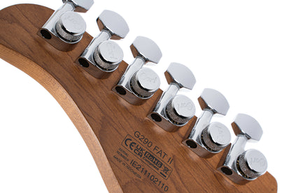 G290 FAT II, corps sassafras, table érable flammé, manche et touche érable torréfié, 2 micros Voiced Tone VTH-77, blue burst