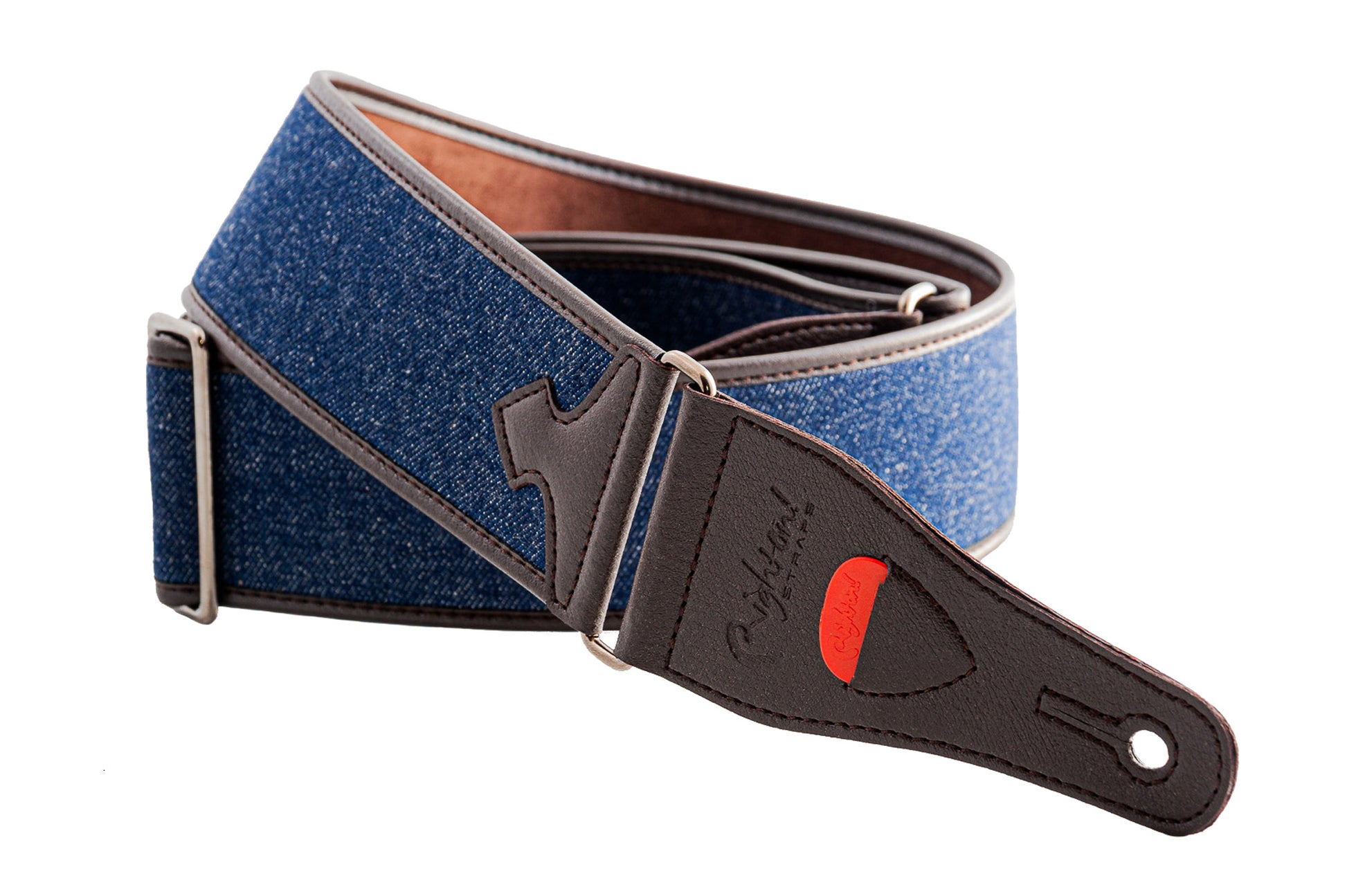 Courroie modèle DENIM, tissu, rembourrée, largeur 6 cm, longueur 95 à 150 cm, porte-médiators intégré, bleu