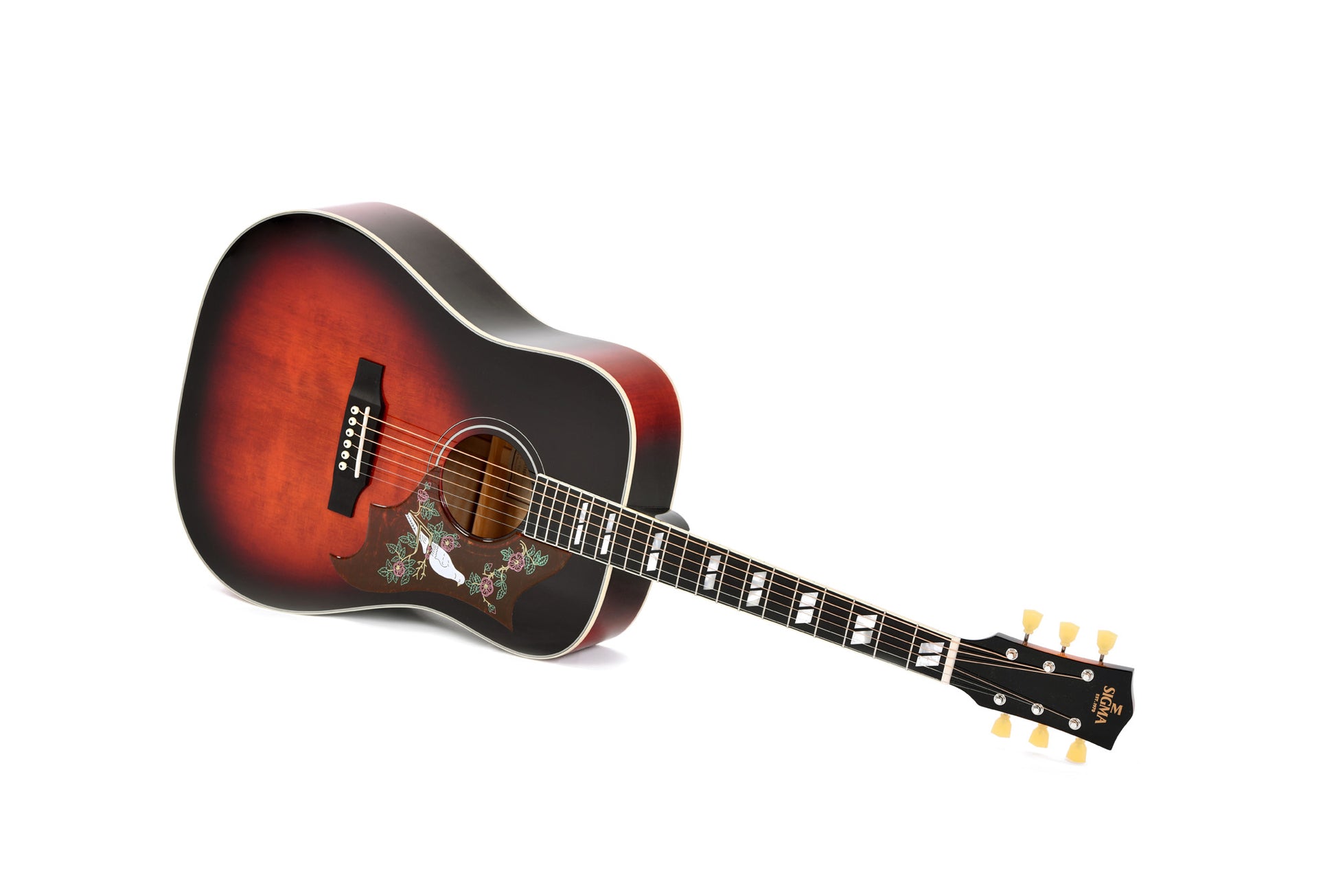 Modèle DA-SG7, Dreadnought, table épicéa massif, f/e érable flammé, touche micarta, EQ Fishman, soft case, sunburst