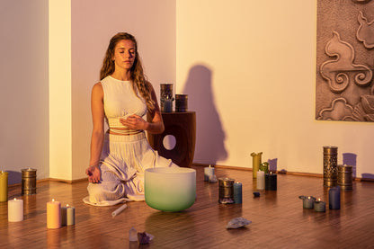 SINGING BOWL SONIC ENERGY CRISTAL 11" green, heart chakra, F4 349.23hz, quartz, couleur effet gelé