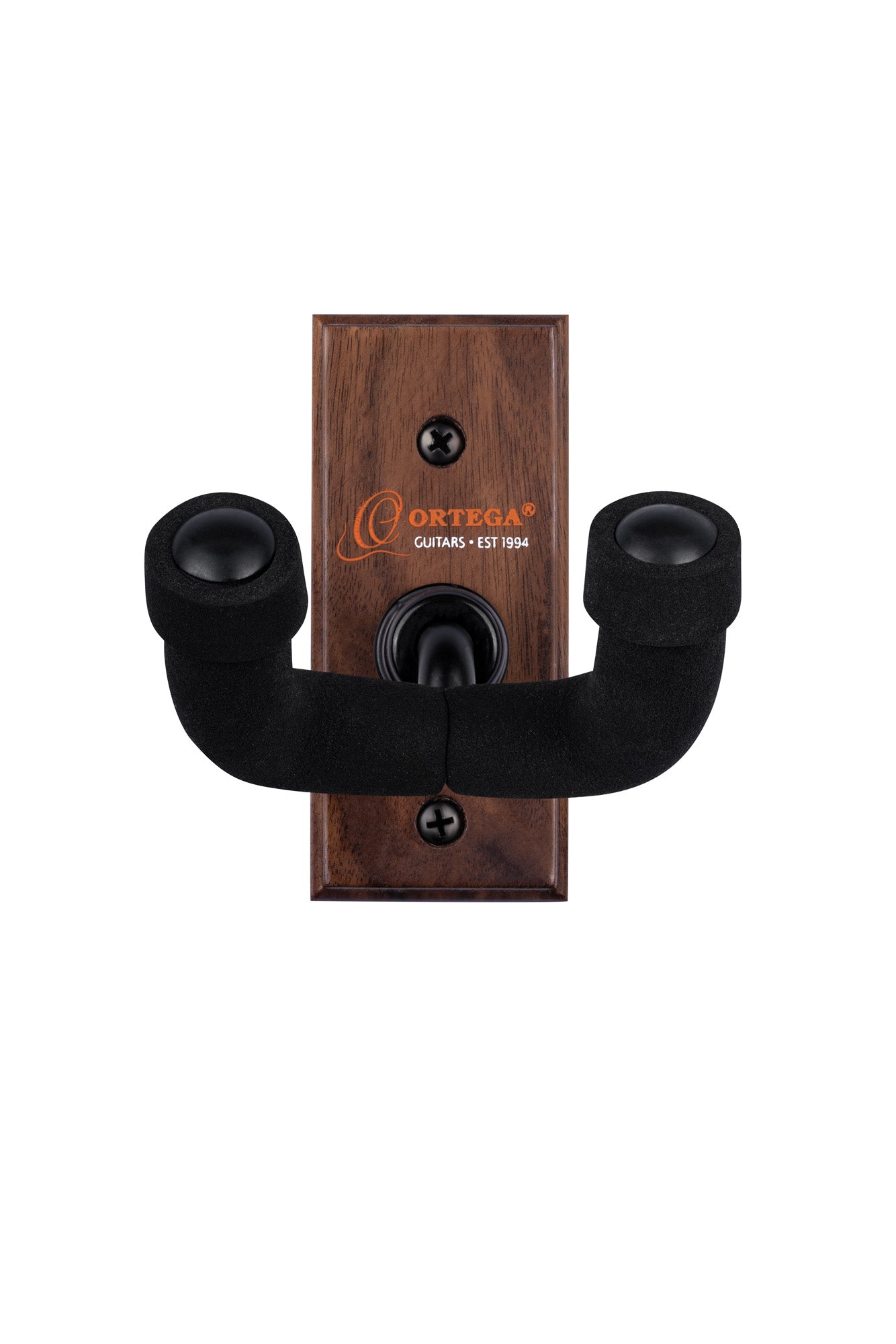 Support mural pour guitare et basse, embase bois, fixation par 2 vis, étrier (largeur: 4.5 cm) recouvert de mousse, noyer