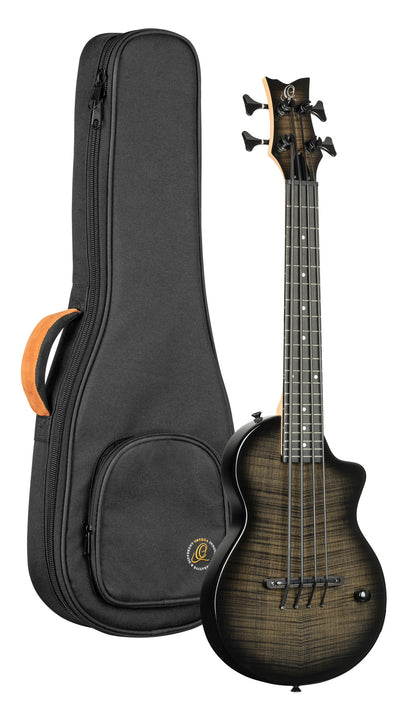 NEO-BS-TGB, modèle Ukebass, pan coupé, EQ MagusExpress, table érable flammé, corps okoumé, manche érable, housse, gris