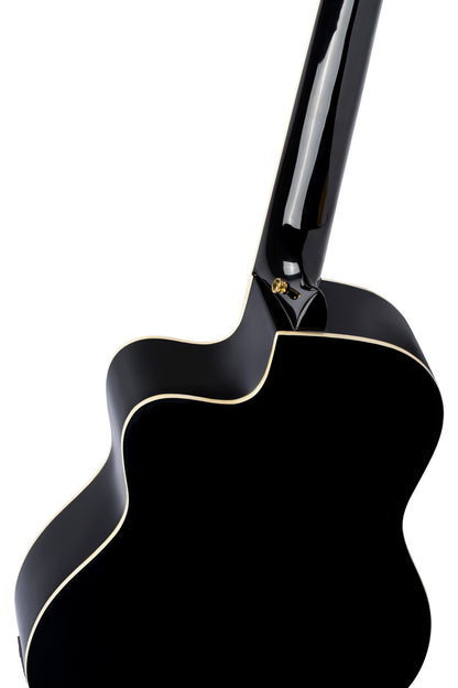 RCE141, pan coupé, EQ Ortega MagusPro, table épicéa massif, manche acajou (52 mm), noir brillant