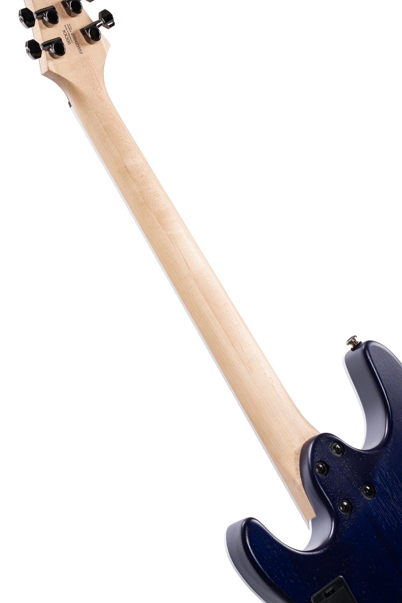 KX300, corps acajou, table érable figuré, manche vissé érable, touche jatoba, micros EMG RetroActive, cobalt burst pores ouverts