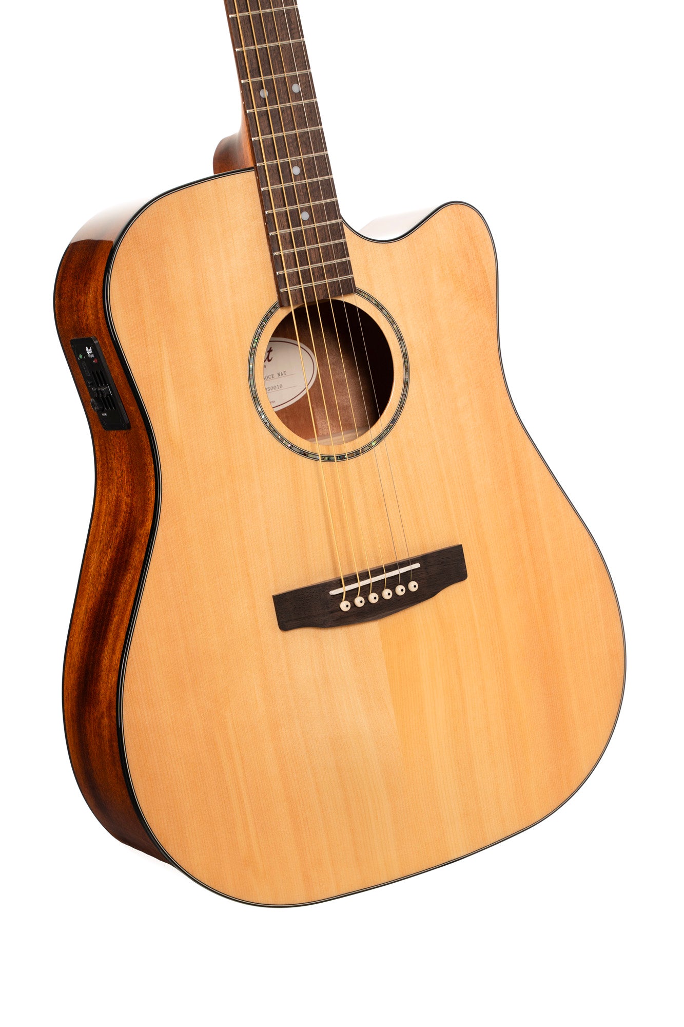 Earth 60 CE, pan coupé, table épicéa massif, fond & éclisses acajou, touche laurier, EQ CE304T, naturel brillant