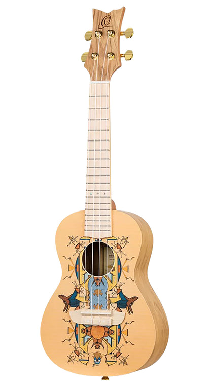 RUAR-EY, modèle Concert, table épicéa avec motif custom, fond & éclisses catalpa, manche nato, motif"Egypte" satiné