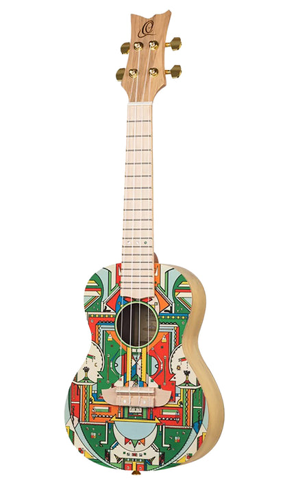 RUAR-HY, modèle Concert, table épicéa avec motif custom, fond & éclisses catalpa, manche nato, motif"Himalaya" satiné