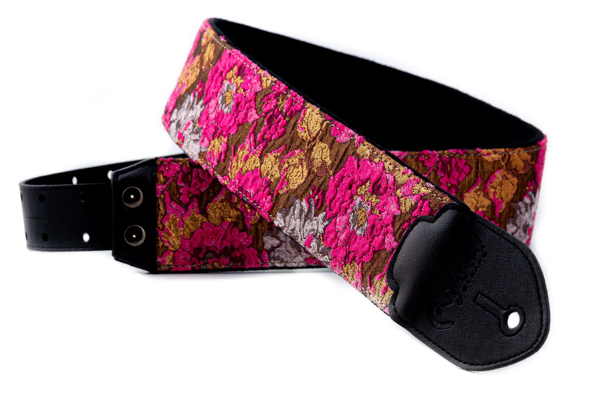 Courroie modèle GOLD & ROSES, extérieur synthétique et tissu, largeur 7 cm, longueur 95 à 150 cm, porte-médiators, rose