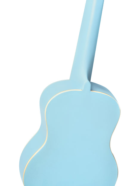 RUGA-SKY, modèle Ténor, table agathis, fond & éclisses agathis, manche Okoumé, housse assortie, bleu ciel brillant