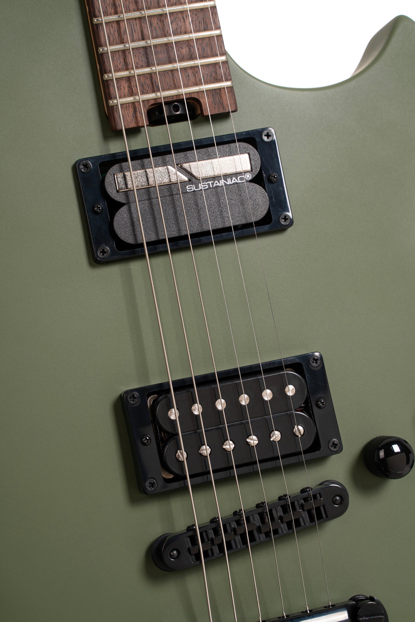 MBM-2H-B-SUS, signature Matt Bellamy, corps tilleul, manche érable, micros Manson & Sustainiac,"Kill" bouton, vert olive satiné