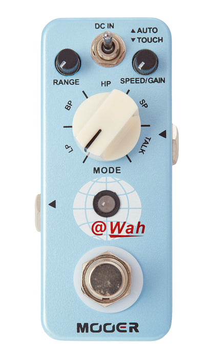 Pédale WAH, wah-wah automatique 2 modes (Auto/Touch), 5 filtres différents, boîtier métal, true bypass, bleu ciel