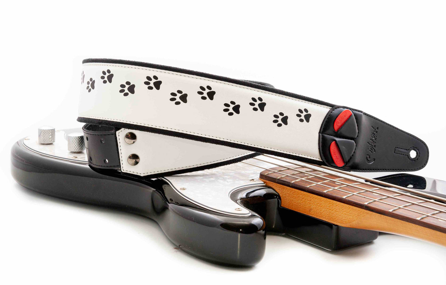 Courroie modèle CAT, extérieur synthétique, largeur 6 cm, longueur 100 à 145 cm, porte-médiators intégré, blanc