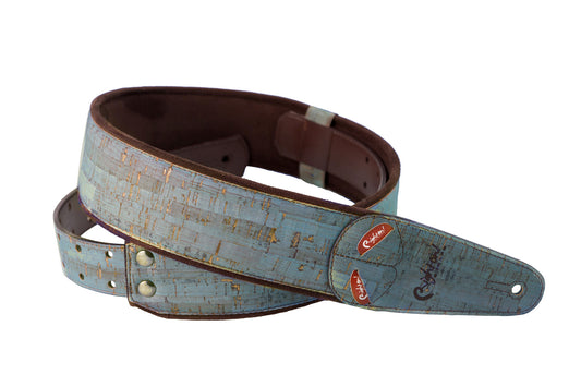 Courroie modèle CORK, extérieur liège, largeur 6 cm, longueur 100 à 145 cm, porte-médiators intégré, teal