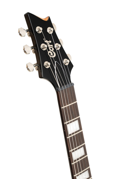 M600, corps acajou, placage érable flammé, manche collé acajou, 2 micros doubles Cort Voiced Tone VTH-59, trans black burst