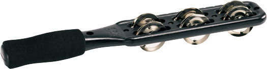 Jingle Stick, cymbalettes acier nickelé, grip gainé mousse, bords crantés pour jouer du guiro, noir